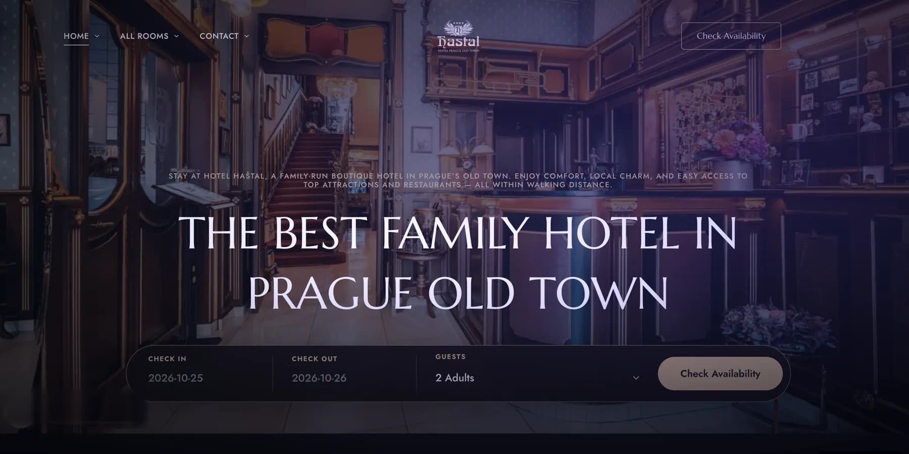 Web Hotelu Hašťal: záběr z lobby s rezervační lištou